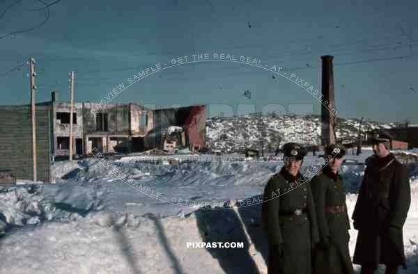 WW2 Norway Color 3 German Wehrmacht officers with ear protection Bombed Destroyed Houses Norway winter 1940