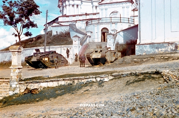2 British WW1 tanks used by the Russians in  first world war. Uspensky  Cathedral Smolensk September 1941 Russia 