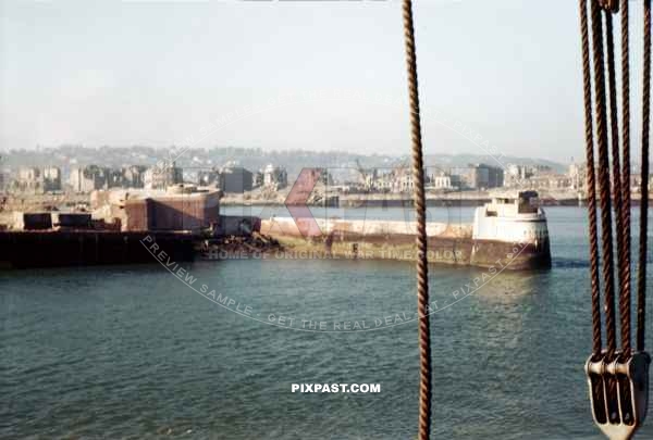 American GI soldiers leaving france in 1945. Passing harbour bunkers in the Port of Marseilles France. Returning home.