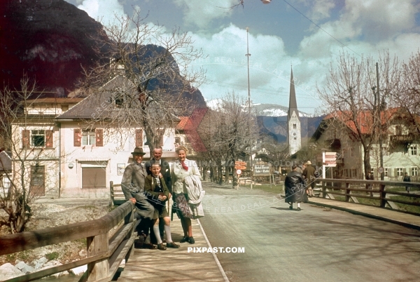 Bavarian family on holiday in Garmisch Partenkirchen Bayern Germany 1939. Hotel Husar. Alte Pfarrkirche St. Martin