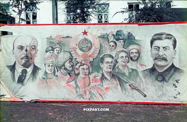 Captured Communist Propaganda poster with Stalin and Lenin, Ukraine, 1942