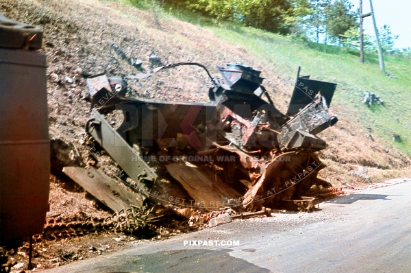Completely destroyed German Panzer Tank Model 3. Panzer Regiment 8. Knocked out by french military. France 1940