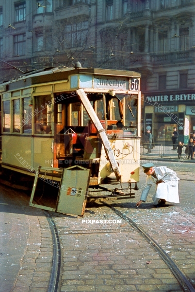 Crashed tram Strassenbahn No. 60 Lindenhof. Bulowstrasse × Potsdamer Strasse  Schoneberg Berlin Germany 1940.