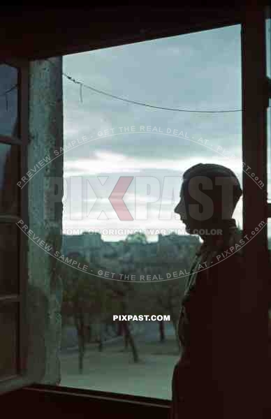 German panzer officer stands beside window, Kramatorsk, Ukraine ~1942, 22nd Panzer Division. Wehrmacht.