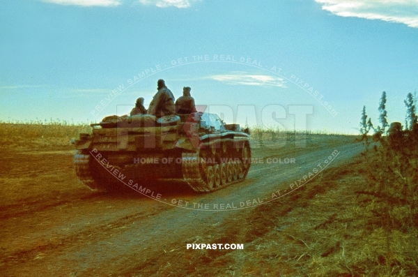 German Stug Panzer 3 tank driving in the evening. 97. Jager Division July 1942 Rostow Russia