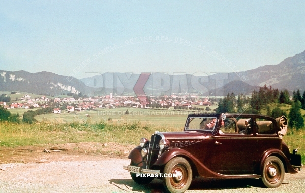 German tourists driving holiday in Nesselwang in the Ostallgau Bavaria Germany 1938.  IZ licence plate Rheinprovinz Rhine