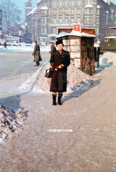 German women in winter jacket. Askanischen Platz. Stresemann Strasse. Schoneberger Berlin winter 1941. Tram. taxi. magazines