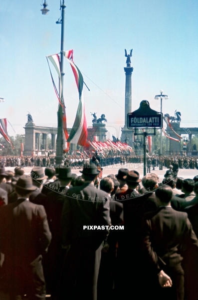 Heroes Square Hosok tere, Military parade march in Budapest Hungary. 1942.