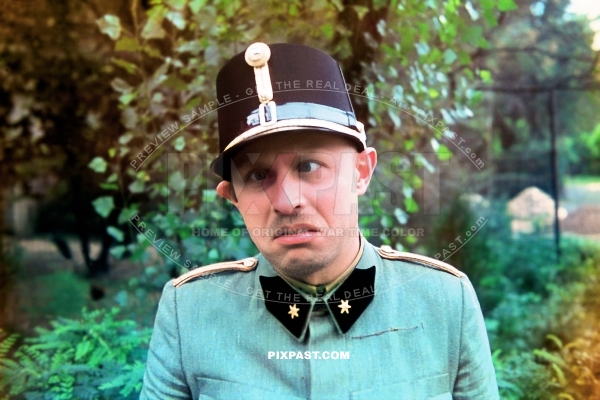Hungarian WW2 army artillery officer. Hadnagy Second Lieutenant. Funny face. Budapest Hungary 1942
