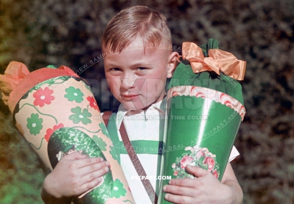 Young Bavarian German boy holding his new Schultute Zuckertute on first day of School Munich Germany 1938